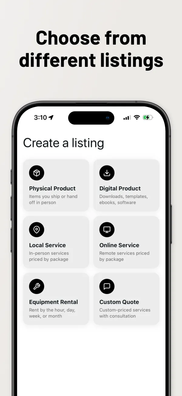 Choosing a listing type in the Poyst app 1